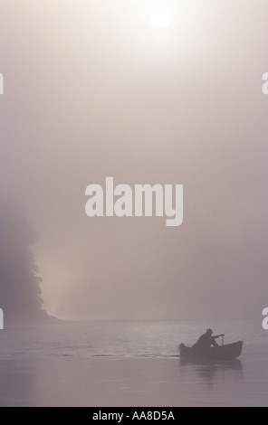 Un canot glisse à travers le brouillard et la brume d'un matin d'été sur la rivière Restigouche, dans le nord du Nouveau-Brunswick, Canada Banque D'Images