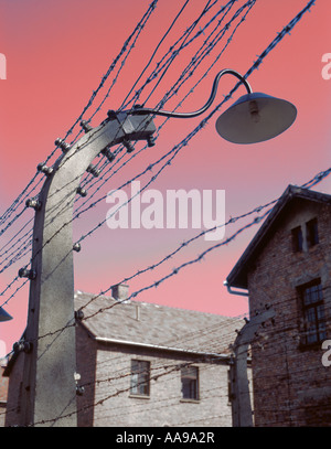 Détail de l'électricité des barbelés et lampe, camp de concentration d'Auschwitz, Oswiecim, Pologne malopolska. Banque D'Images