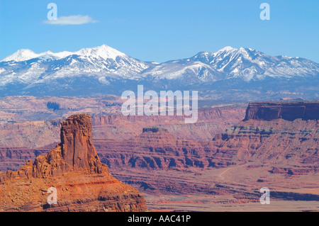 Dead Horse point avec les montagnes de la Sal au loin, Canyonlands Area, Utah, États-Unis. Banque D'Images