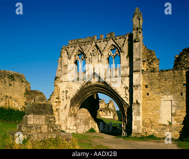 Porte sculptée aux ruines de Kirkham Prieuré, au sud-ouest de Malton, North Yorkshire, Angleterre, Royaume-Uni. Banque D'Images