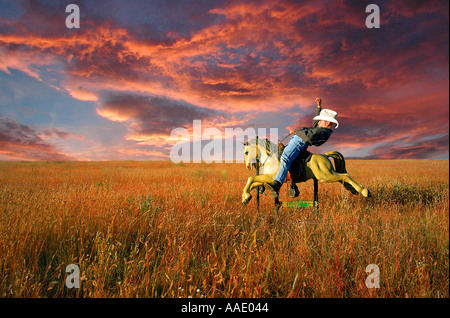 Un jeune cowboy bénéficie d'espièglerie son tour sur un coin operated amusement horseride dans une prairie ouverte Banque D'Images