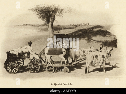 Véhicule pittoresque, ces chariots à verrou sont maintenant perdus dans l'antiquité, dessiné au début des années 1900, Saurashtra, Gujarat, Inde Banque D'Images
