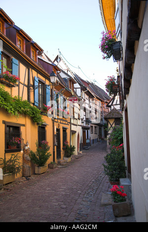 Rue pavées étroites dans la petite ville d'Eguisheim, en Alsace, dans le nord est de la France. Banque D'Images