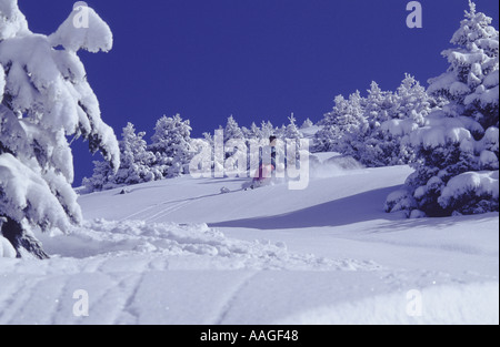 Un skieur hors piste skis à Meribel, 3 Vallées, Savoie, France. Banque D'Images