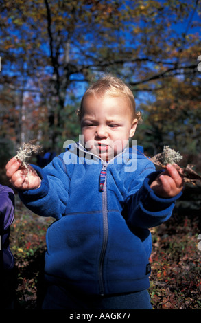 Kennebunkport moi un petit garçon prend une pause d'une famille de la randonnée dans la forêt sur l'automne ferme Steele Banque D'Images