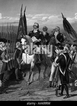 Gravure DE GEORGE WASHINGTON À CHEVAL prenant le commandement de l'armée continentale Banque D'Images