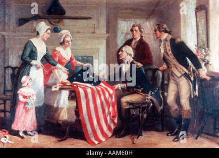 Peinture de Betsy Ross & LE PREMIER Stars & Stripes 1777 PAR DUNSMORE DRAPEAU AMÉRICAIN DRAPEAUX Guerre révolutionnaire couturière Banque D'Images