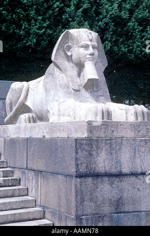 L'un des sphinx en pierre qui étaient les gardiens les étapes menant à la Crystal Palace dans le sud de Londres. Banque D'Images