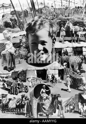 Années 1930, MONTAGE D'IMAGES DE CIRQUE AUTOUR DE SOURIRE DE GARÇON Banque D'Images