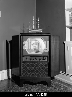 1940 1950 TÉLÉVISION EN NOIR ET BLANC DE LA CONSOLE SÉRIE AVEC DE NOMBREUX BOUTONS DE NUMÉROTATION RAPIDE Prix intérieur avec des tapis orientaux et des maquettes de bateaux Banque D'Images