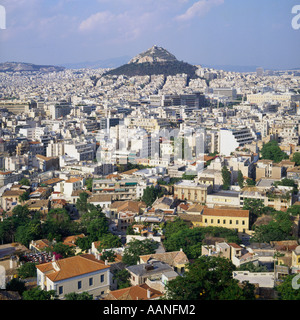 Vue aérienne de l'Acropole, Plaka et de logement plus de monter Likavittos Athènes Grèce Banque D'Images