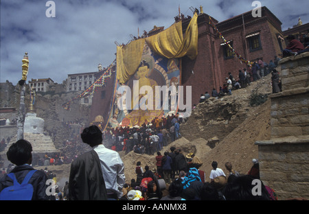 Monastère de Ganden, dévoilement thanka, Tibet Banque D'Images