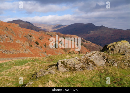 Une vue de Loughrigg est tombée en regardant vers Fairfield dans le Lake District National Park UK avec des couleurs d'automne et un ciel spectaculaire. Banque D'Images