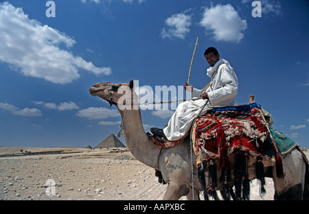 Camel rider à Gizeh Pyramide Menkaourê en arrière-plan l'Égypte Banque D'Images