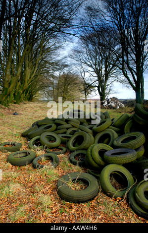 De vieux pneus de voitures abandonnées couvertes d'algues vertes dans l'objet de dumping dans un milieu rural à la campagne Banque D'Images