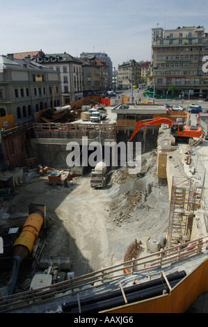 Travaux de construction de prolonger la ligne de métro et la construction d'une station à la place de la Riponne Lausanne Suisse Europe Banque D'Images