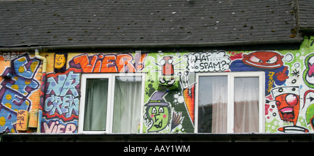 Graffitied appartements. Cowley Road carnaval, Oxford, Angleterre. Banque D'Images