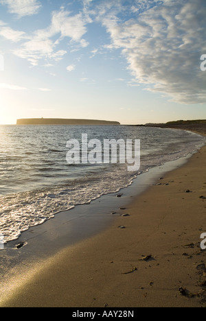 Dh Birsay Bay plage de sable déserte ORCADES BIRSAY coucher du soleil mer Brough de Birsay mer Banque D'Images