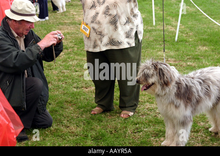 Man taking photo de chien à côté de grosse dame inconnue à trois comtés dog show Malvern Worcestershire Royaume-uni Mai 2005 Banque D'Images