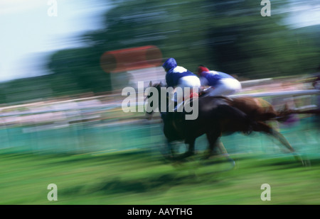 Les courses de chevaux de l'équitation courante Langholm Dumfriesshire Scotland UK deux chevaux vitesse vers le poste de finition Banque D'Images