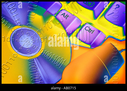 Montage avec des CD ROM clavier et souris de l'ordinateur et l'ordinateur code binaire Banque D'Images