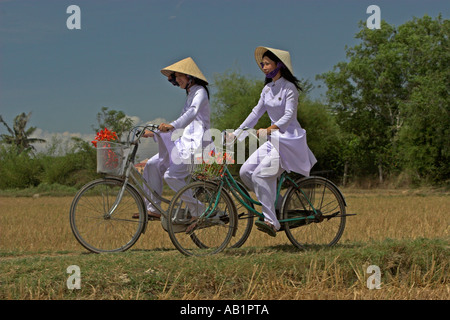 Deux jeunes femmes à chapeaux coniques et ao dai blanc traditionnel costume de la bicyclette sur le chemin des rizières près de Phan Thiet Vietnam Banque D'Images