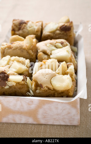 Les petits morceaux de chocolat coupe avec les noix de macadamia dans fort FoodCollection Banque D'Images