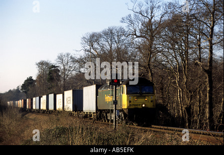 Le train de marchandises Freightliner sur l'embranchement à voie unique entre Ipswich et le port de Felixstowe, Suffolk, UK. Banque D'Images