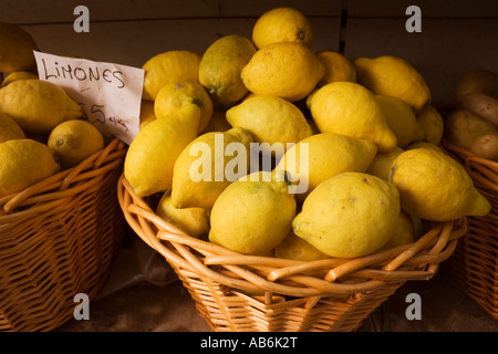Citrons dans panier en vente en magasin de fruits espagnols Banque D'Images