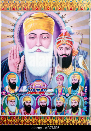 Guru Nanak et les dix sikhs Gurus fondateurs du sikhisme et le Guru Granth Sahib comme le 11e Guru Banque D'Images