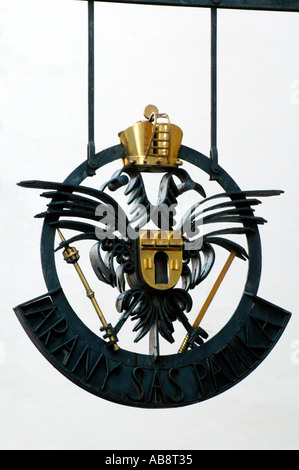 Signe en fer forgé d'Arany SAS Patikamúzeum Golden Eagle Pharmacy Museum dans le quartier du château Budapest Hongrie Banque D'Images