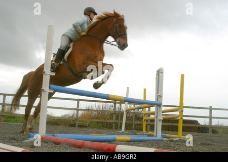 Jeune fille sautant sur son cheval Banque D'Images