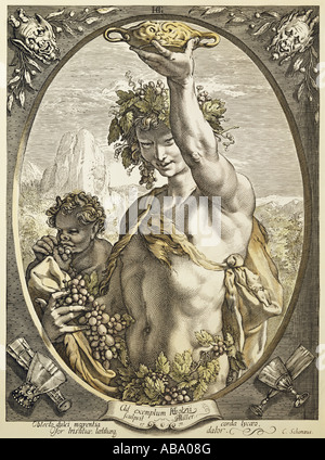 Dionysos (Latin : Bacchus), le dieu grec du vin, gravure couleur par Miller, après Henrik Goltzius, Pays-Bas, 1771, collection privée, demi-longueur, n'a pas d'auteur de l'artiste pour être effacé Banque D'Images