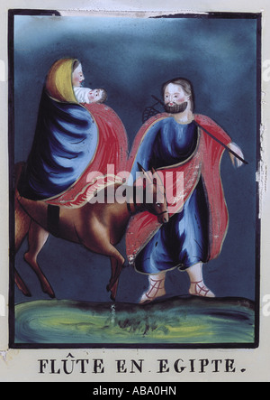 Beaux-arts, art religieux, Jésus Christ, fuite en Egypte, de peinture sur verre, Alsace, vers 1820, collection privée, , n'a pas d'auteur de l'artiste pour être effacé Banque D'Images