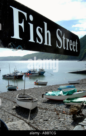 Poisson 'rue' signer contre fond de port de Clovelly dans le pittoresque village de pêcheurs de Clovelly sur la côte nord du Devon Banque D'Images