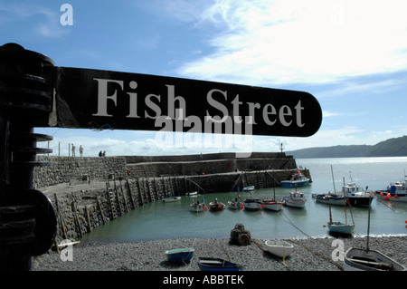 Poisson 'Rue' signer contre fond de port de Clovelly dans le pittoresque village de pêcheurs de Clovelly sur la côte nord du Devon Banque D'Images