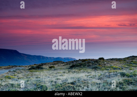 Coucher du soleil sur l'Patagonic Steppe, Province de Santa Cruz, Patagonie, Argentine Banque D'Images