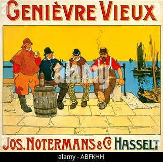 Jos Notermans vieux Gin de Genève de 1900 de l'affiche belge pour la liqueur de gagner une médaille avec de vieux pêcheurs sur le quai Banque D'Images