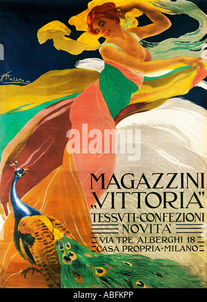 Magazzini Vittoria 1909 Art Nouveau splendide affiche pour la boutique de mode milanaise italienne la dame et le paon Banque D'Images