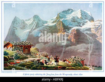 Une partie de pique-nique en admirant la Jungfrau de la Wengernalp 1820 imprimer par G Lory de touristes dans les Alpes Suisses Banque D'Images