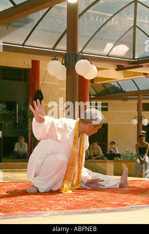 Man performing arts martiaux en temple Banque D'Images