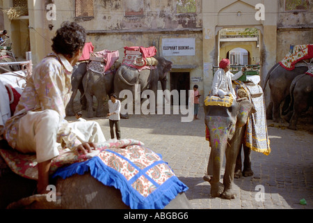 Centre de réservation d'éléphants s'apprête à prendre les touristes jusqu'à Amber Palace dans le Nord de l'Inde Banque D'Images