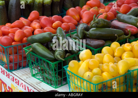 Tomates italiennes et des piments à vendre dans des paniers. Banque D'Images