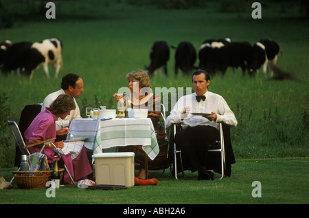 Pique-nique en plein air pendant l'intervalle sur la pelouse ha ha, bovins en arrière-plan. Festival de Glyndebourne Opera Lewes Sussex. ANNÉES 1984 1980 ROYAUME-UNI HOMER SYKES Banque D'Images