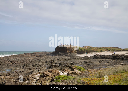 Presqu'AUPORI ÎLE DU NORD Nouvelle-zélande peut un groupe de touristes à l'escalade la falaise sur quatre-vingt-dix Mile Beach Banque D'Images