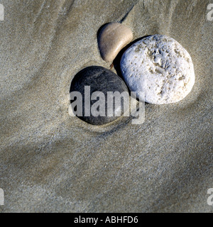 Trois cailloux dans le sable humide Banque D'Images
