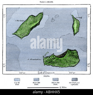 Krakatoa et îlots voisins après l'éruption volcanique de 1883. À la main, gravure sur bois Banque D'Images