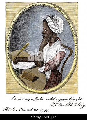 Poète afro-américaine Phyllis Wheatley avec son manuscrit de 1774. À la main, gravure sur bois Banque D'Images