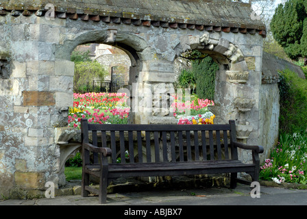 Jardins Southover Grange de Lewes. Vue sur banc de jardin avec des fleurs de printemps. Tulipes. Banque D'Images