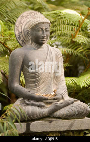 Statue en pierre du Seigneur Bouddha méditant à Bodhgaya sous l'arbre de Bodhi pour atteindre l'illumination, avec des pièces de monnaie sur ses genoux et une expression sereine. Banque D'Images